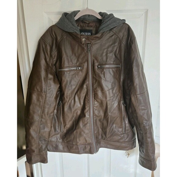 GUESS Mens Faux Leather Hooded Moto Jacket Brown XXL Zip Hood Wind Water Resist - Picture 3 of 16